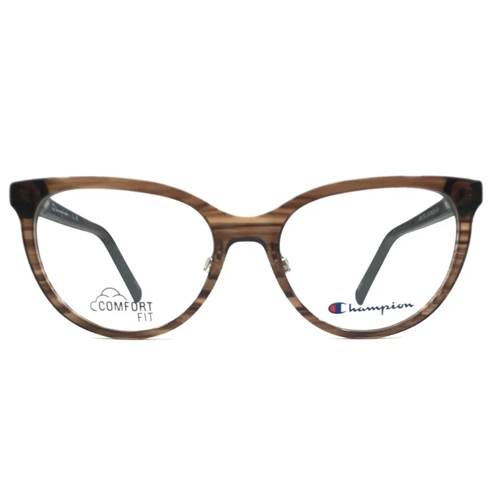 Champion Eyeglasses Frames WCFIT 201 C01 Brown Striped Blue Cat Eye 52-17-135